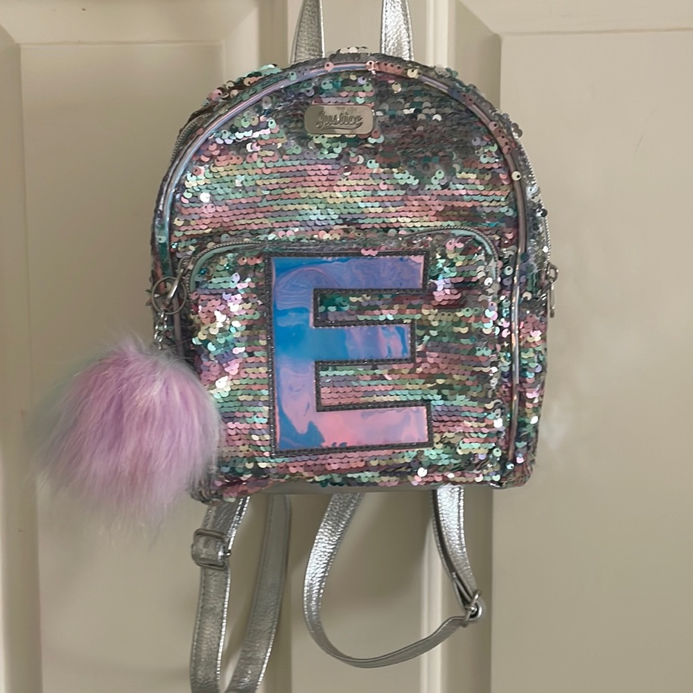 Justice sequin mini bookbag, Letter E